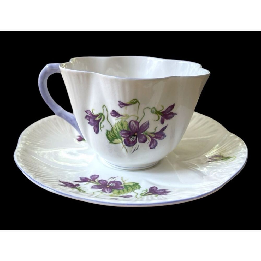 SHELLEY VIOLETS LUDLOW CUP AND SAUCER ENGLISH BONE CHINA LAVENDER TRIM 1950S